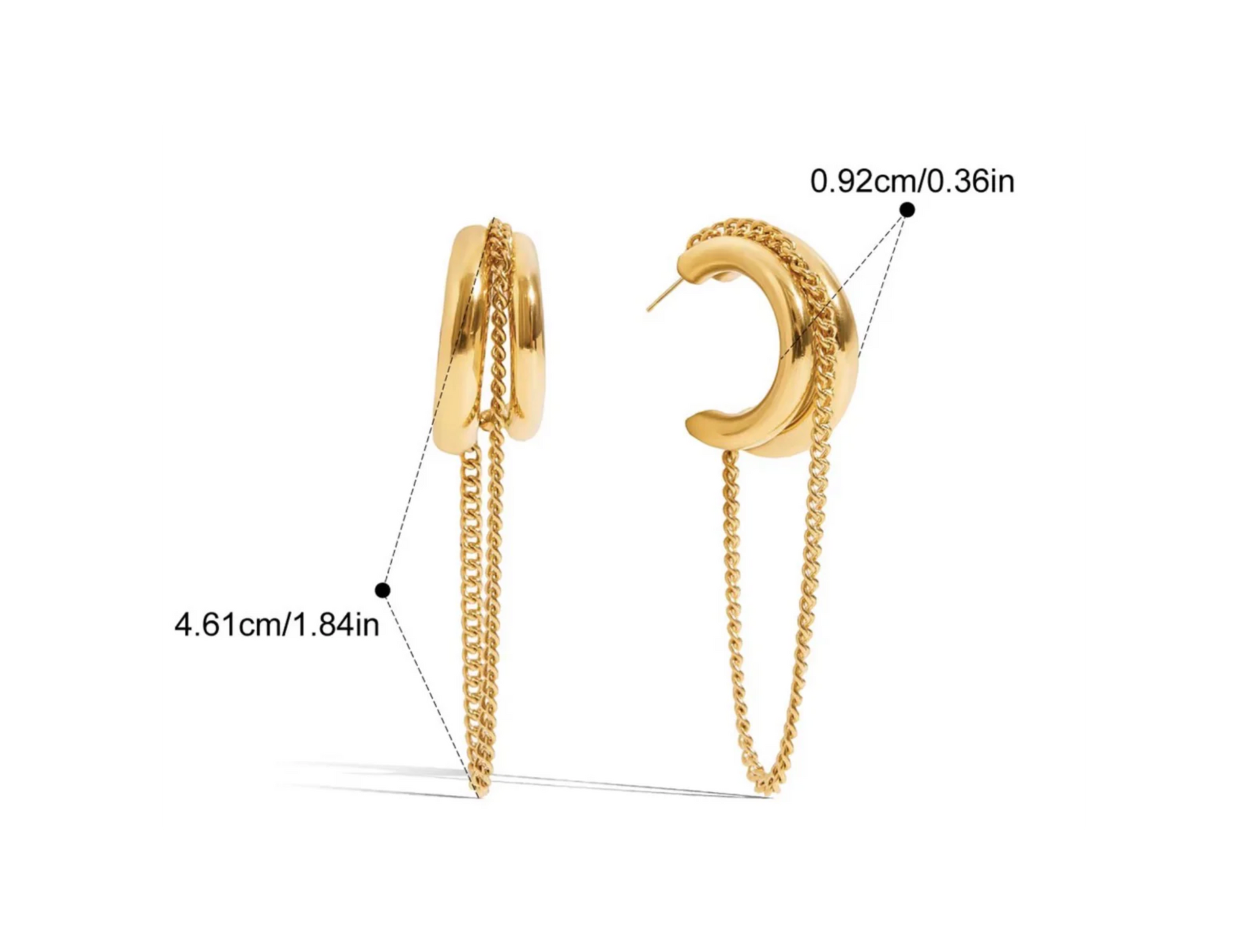 Gold hoop earrings with chain details and measurements on a white background