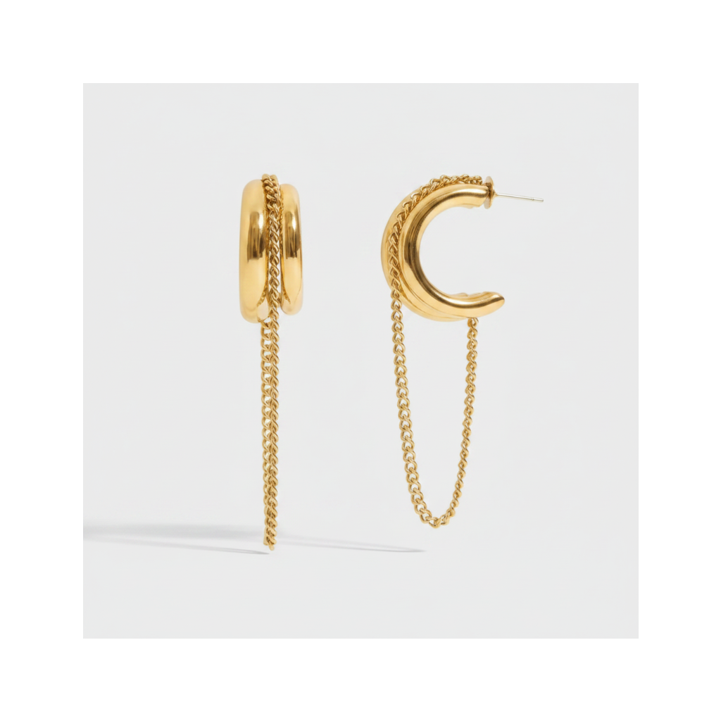 Gold hoop earrings with chain details and measurements on a white background