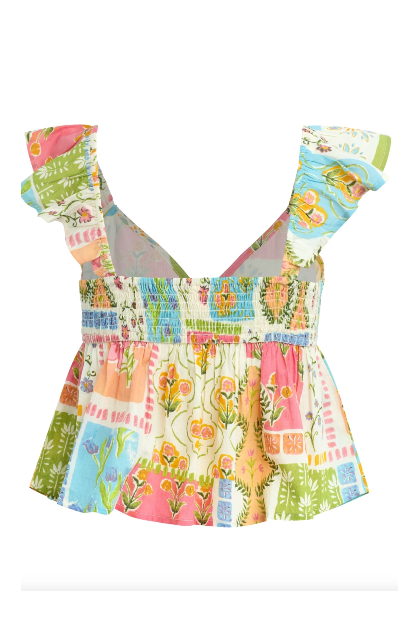 Colorful floral dress with matching apron on a white background