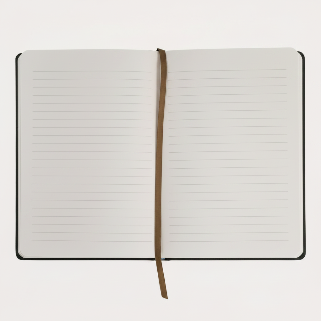 Open notebook with lined pages on a white background