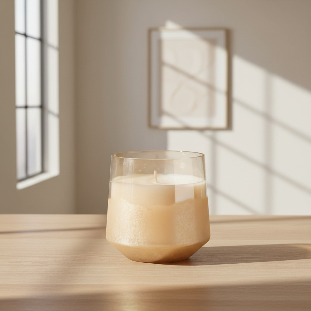 Glass candle holder with a candle inside on a white background