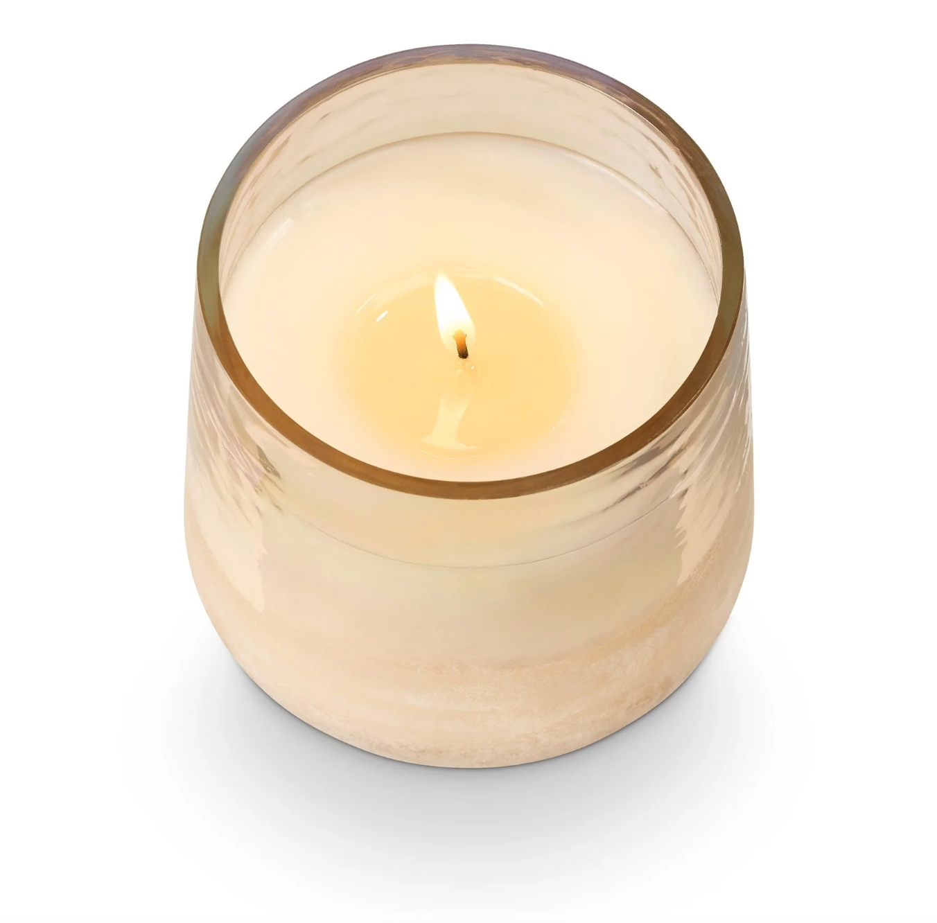 Candle in a glass holder with wooden rim on a white background