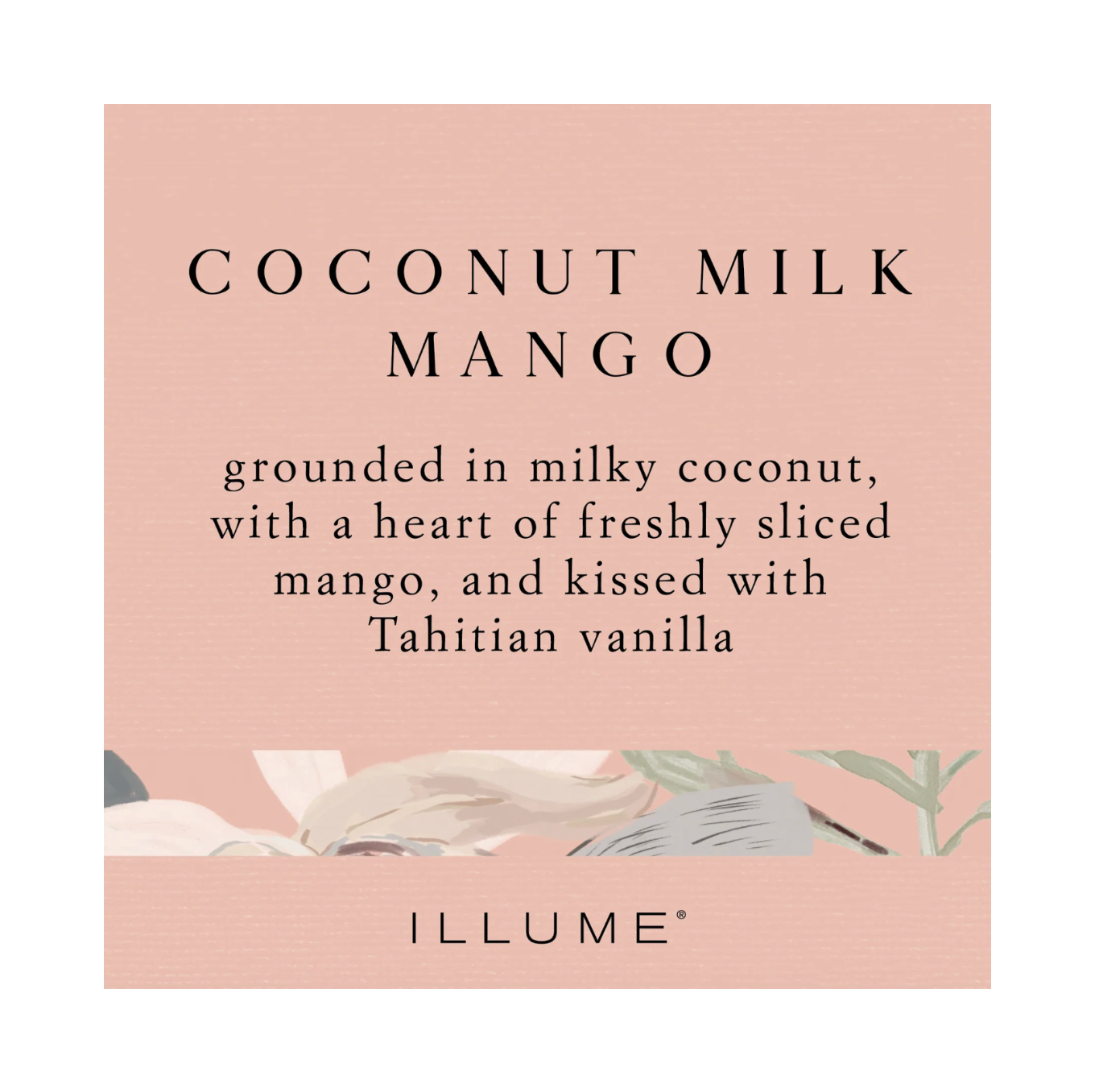 Product description for 'Coconut Milk Mango' by Illume on a pink background with text and minimal floral elements.