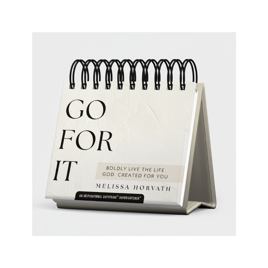 Desk calendar with 'Go For It' text and Melissa Horvath branding on a white background