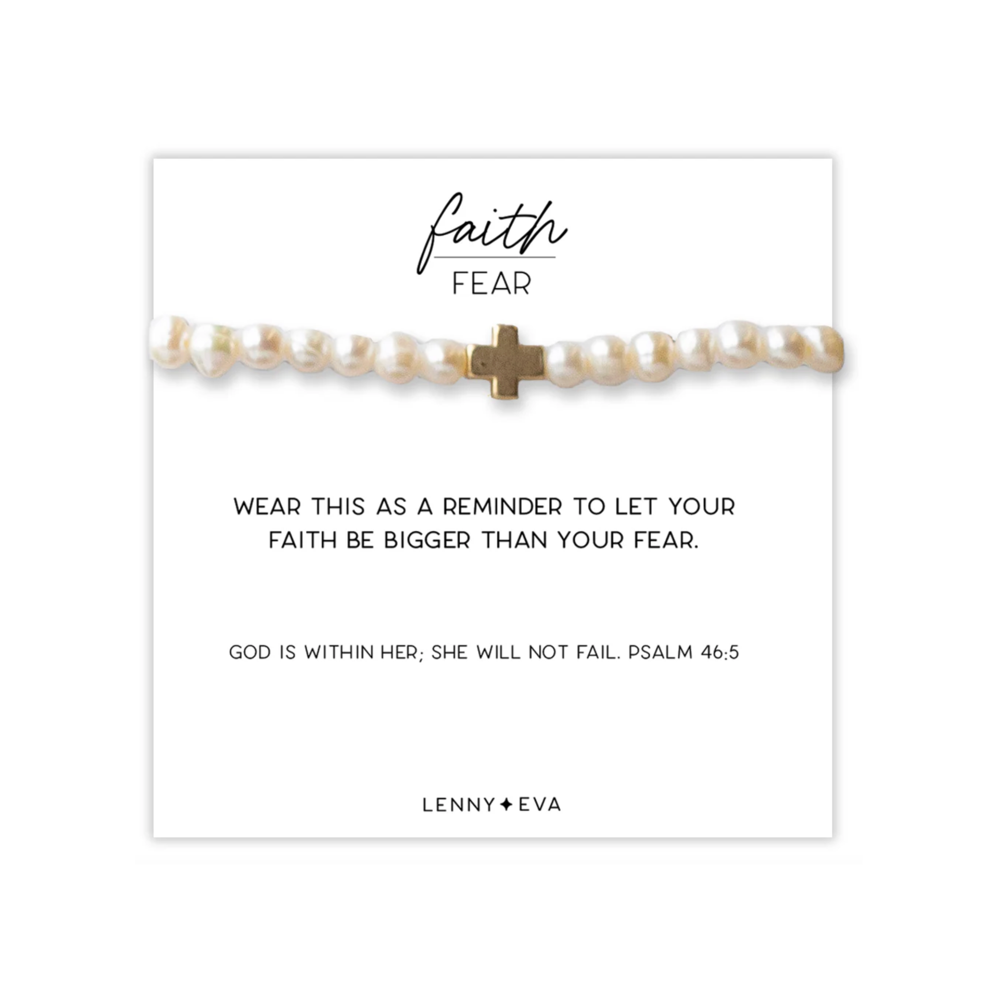Pearl bracelet with gold cross on a card with motivational text, brand 'Lenny & Eva' visible.