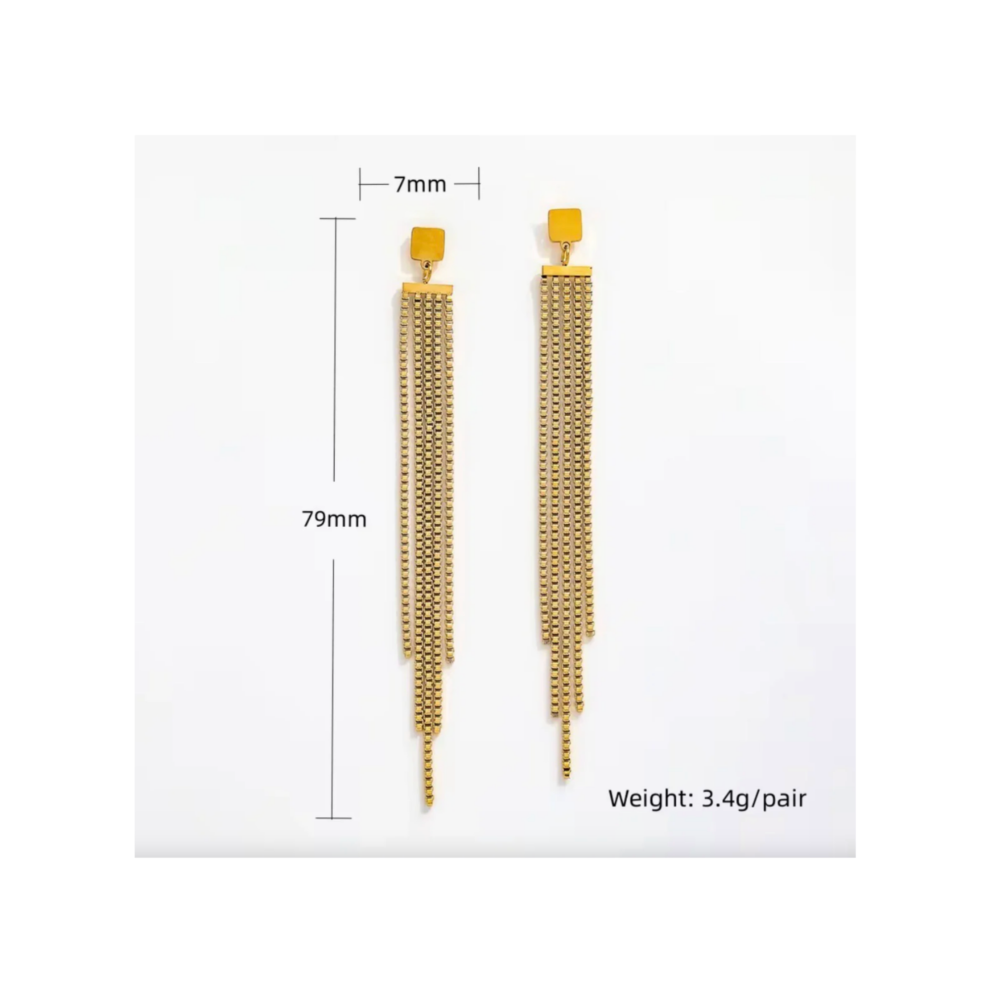 Gold chain earrings with measurements on a white background