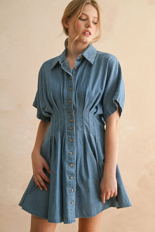 Woman wearing a blue denim dress against a beige background