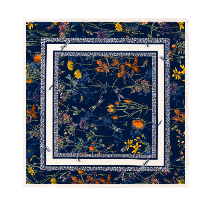 Floral, navy silk scarf