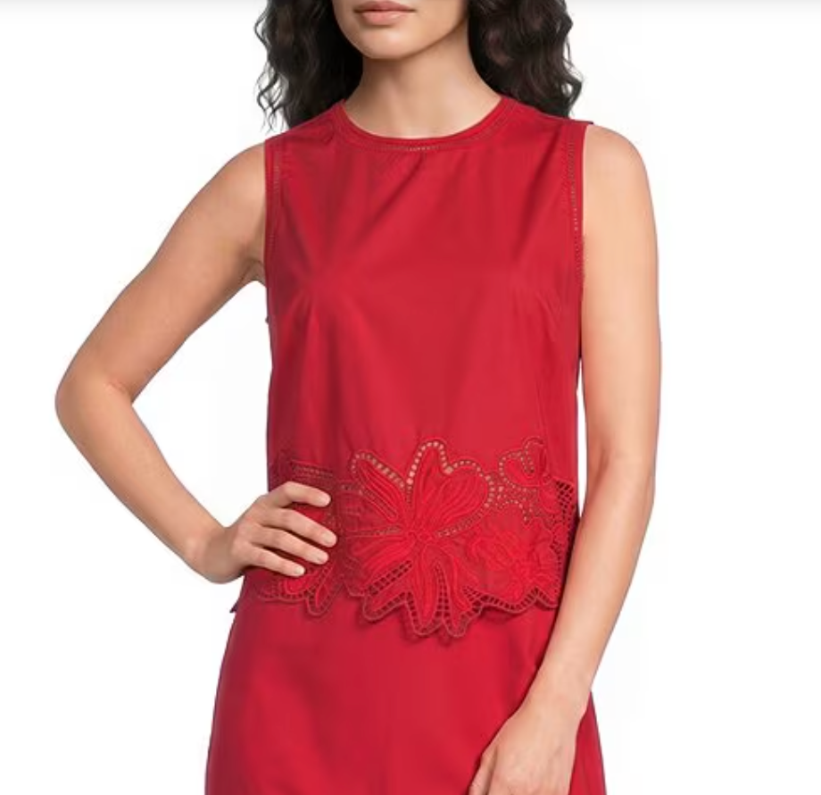 Red sleeveless dress with lace detail on a white background