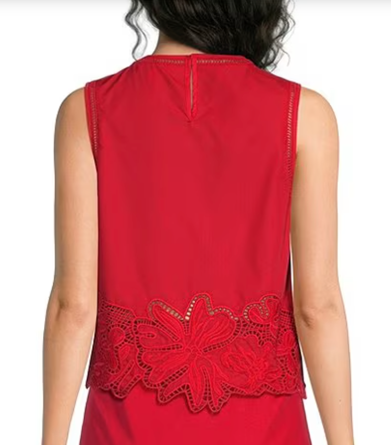 Red sleeveless top with lace detailing on a white background