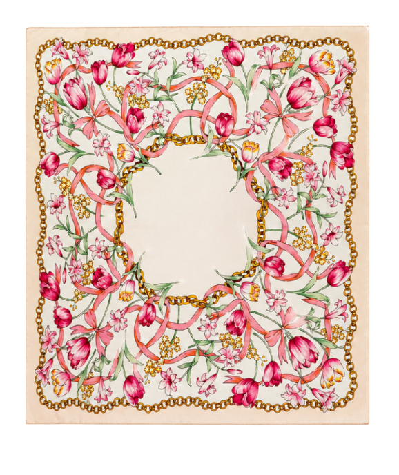 Pink flowers and chain detail silk scarf