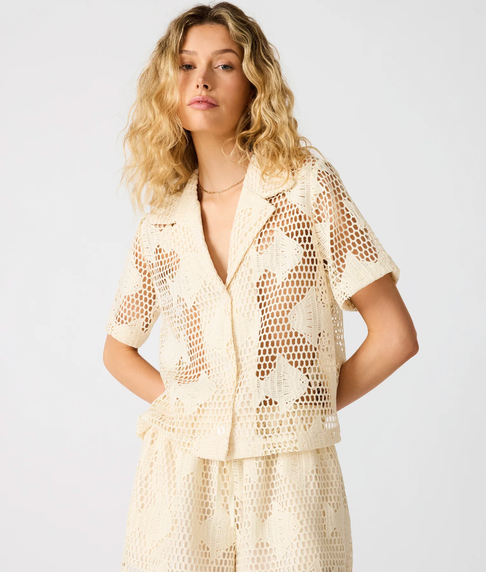 Crochet collared button up top with a playful fish pattern