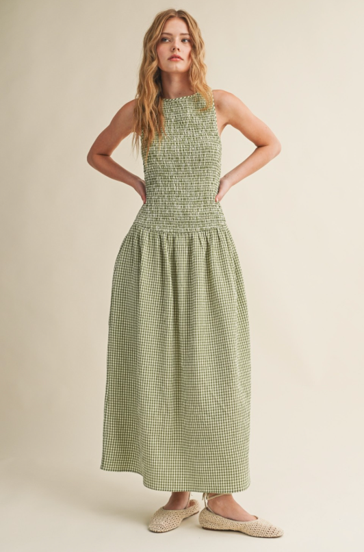 Green gingham maxi dress, drop waist