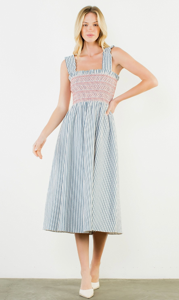 blue striped ruched midi dress, with red detail