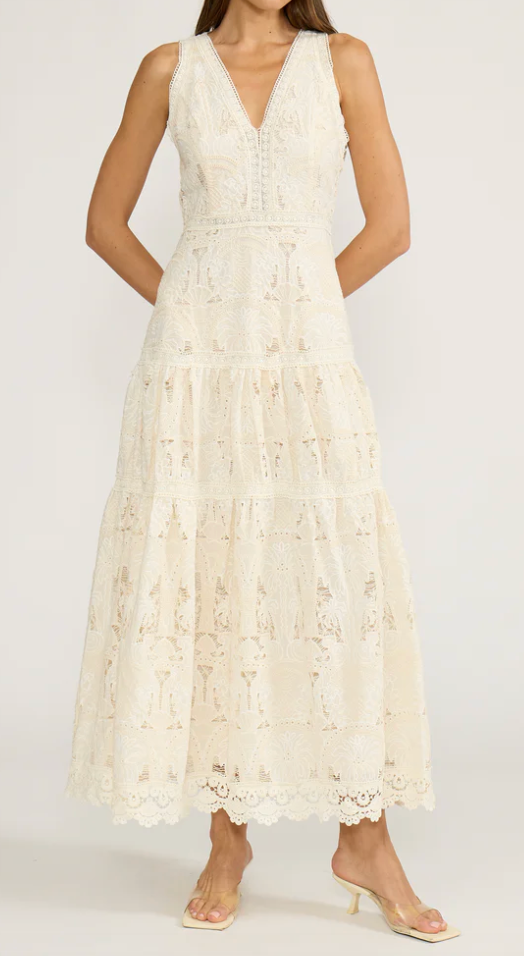 Woman wearing a white lace dress on a white background