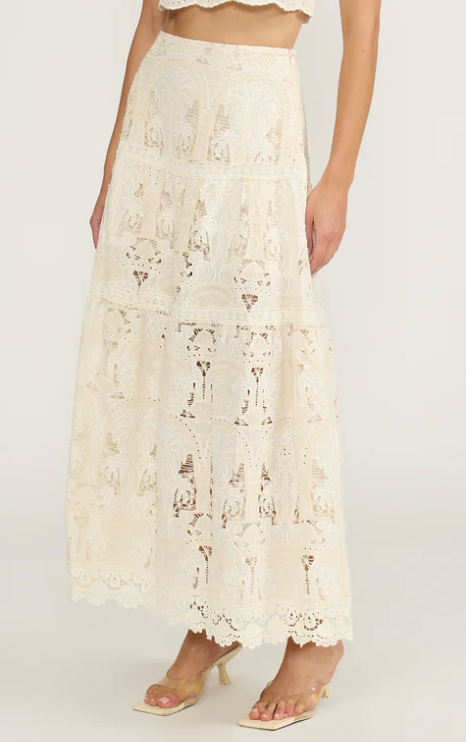 White lace skirt worn by a person on a white background
