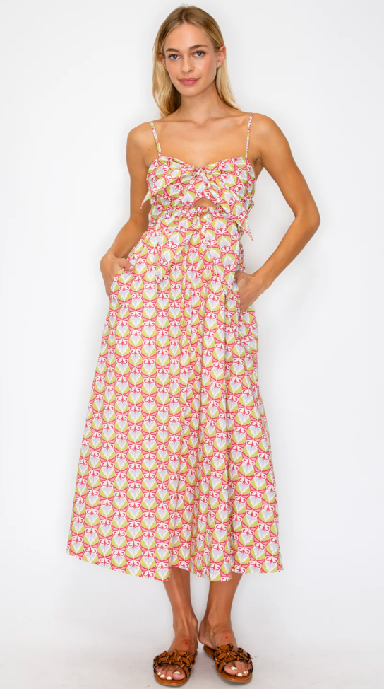 Woman wearing a floral dress on a white background