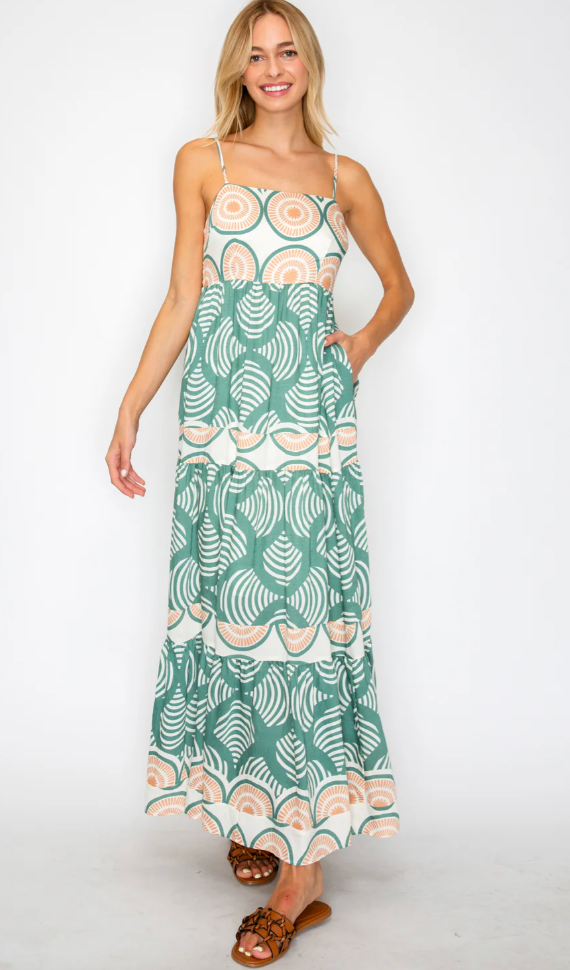 Woman wearing a green and white patterned dress on a white background