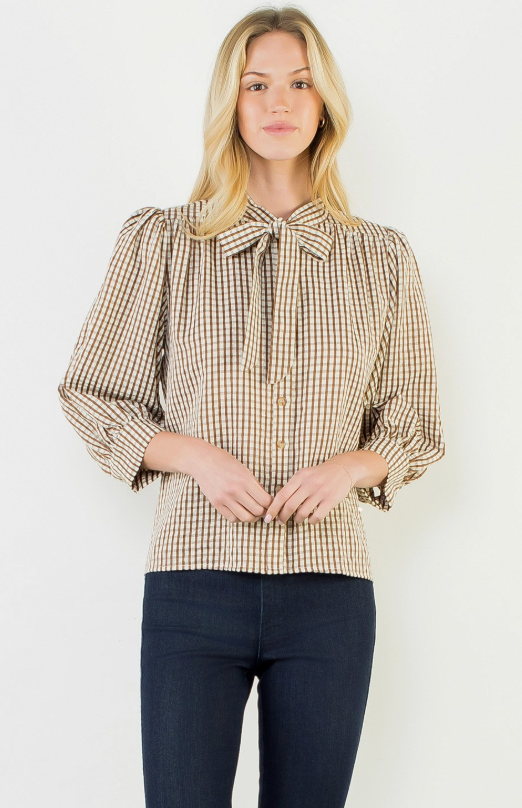 brown gingham 3/4 sleeve top with necktie