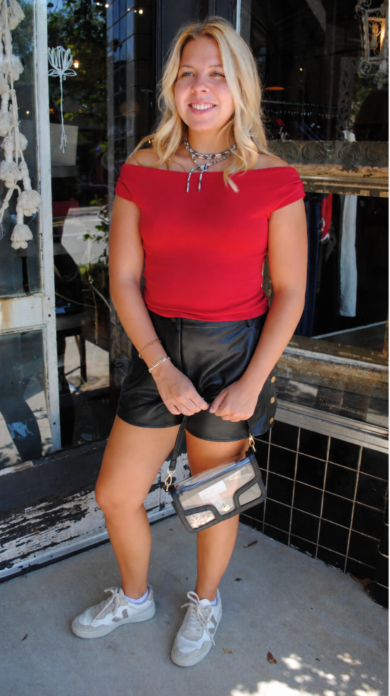 "RED HOT IN ATHENS" Off-Shoulder Top