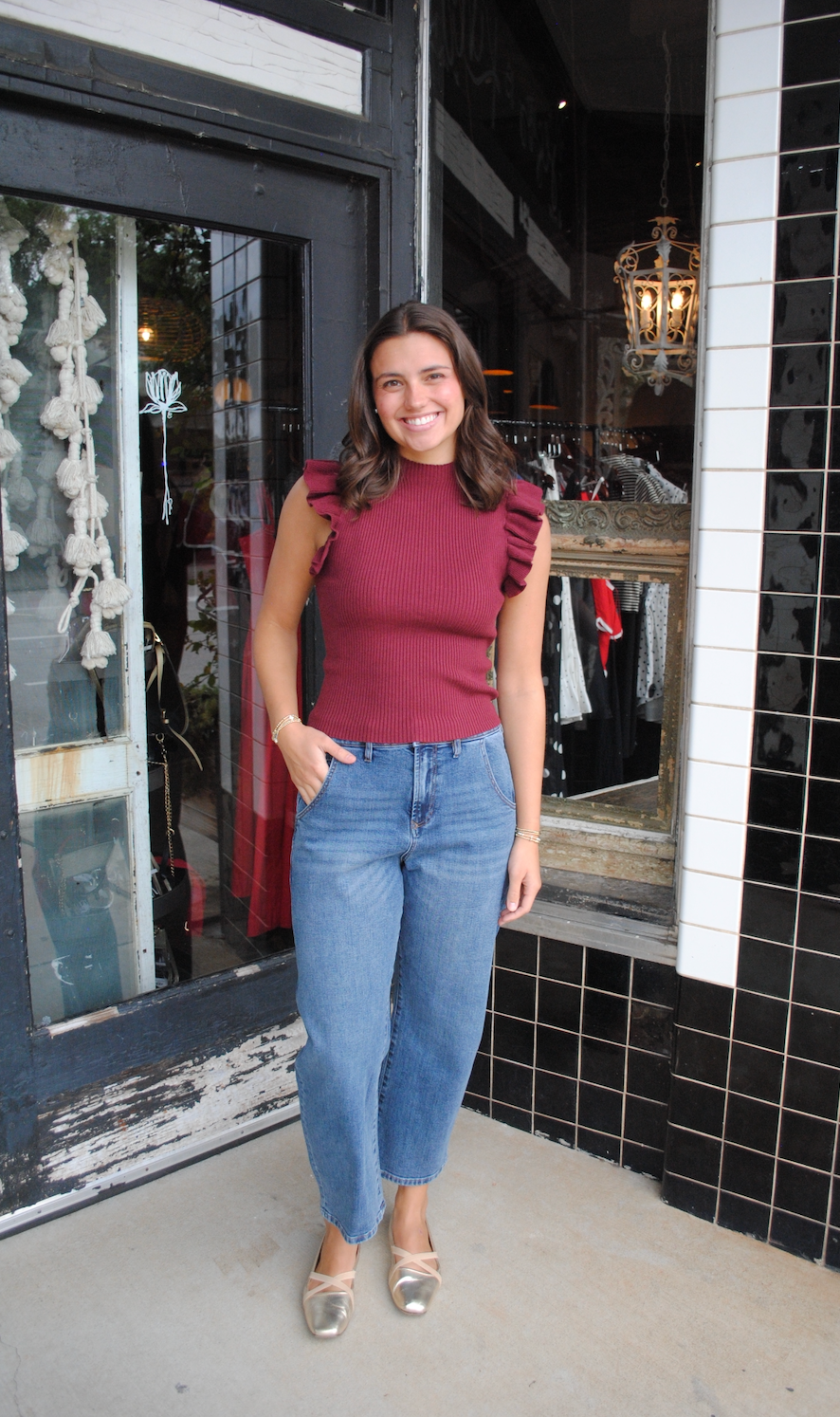 TIFFANY MOCKNECK RUFFLE TANK SWEATER