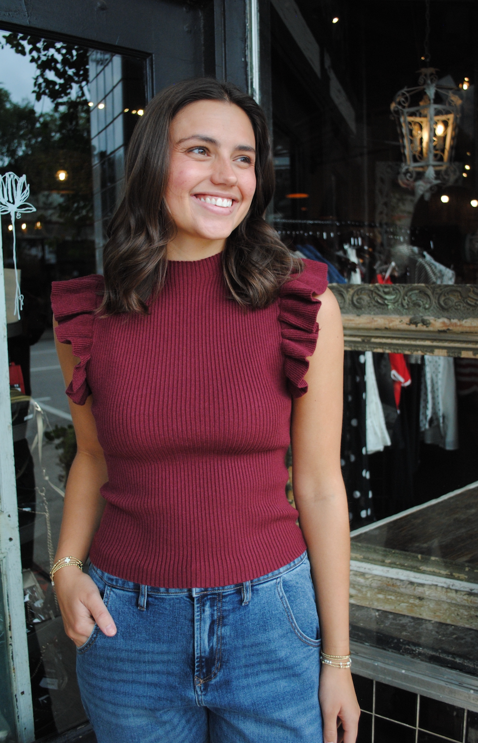 TIFFANY MOCKNECK RUFFLE TANK SWEATER