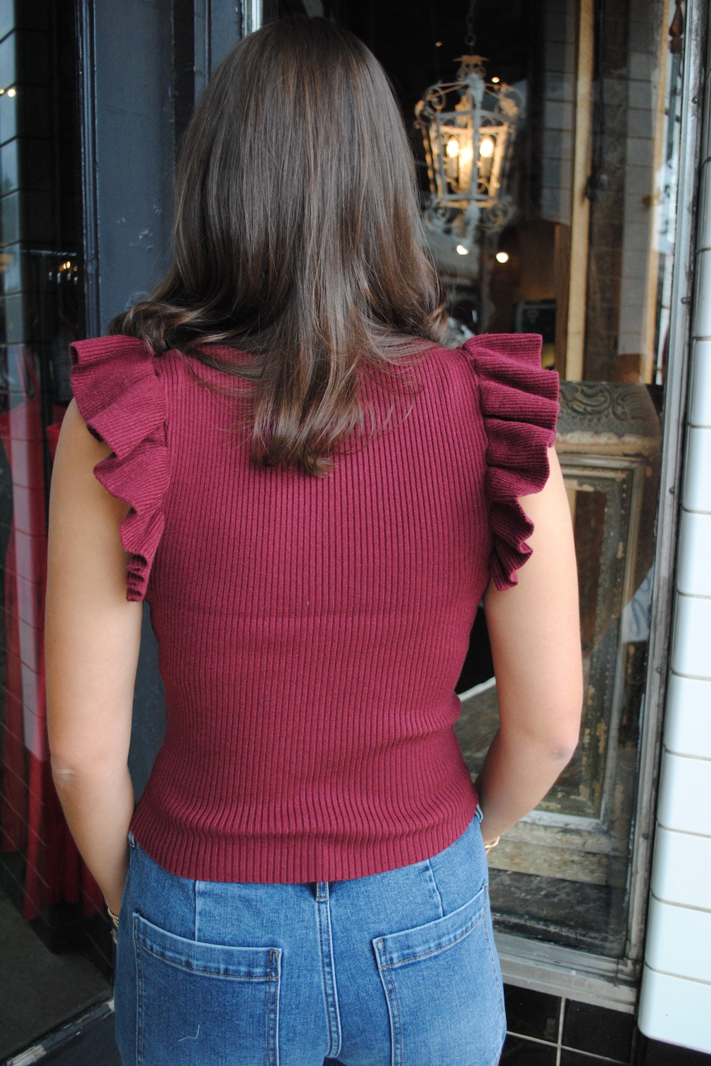 TIFFANY MOCKNECK RUFFLE TANK SWEATER