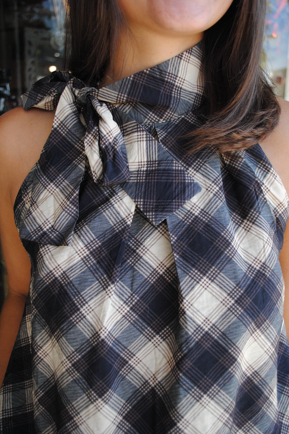 "CHECKING IN" Plaid Tie Neck Top