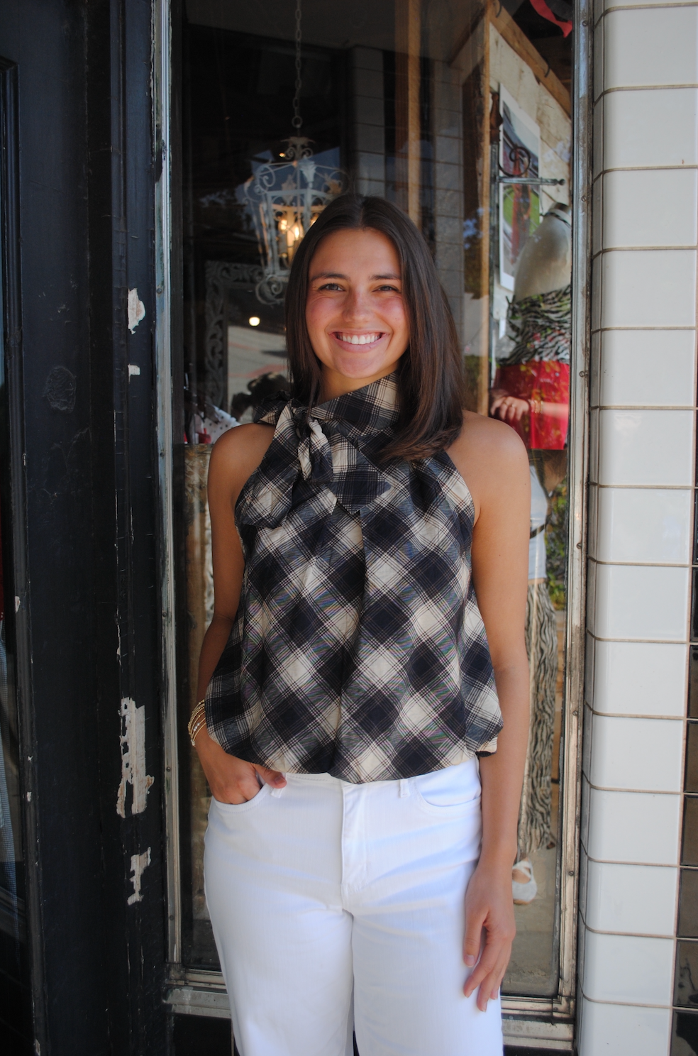 "CHECKING IN" Plaid Tie Neck Top
