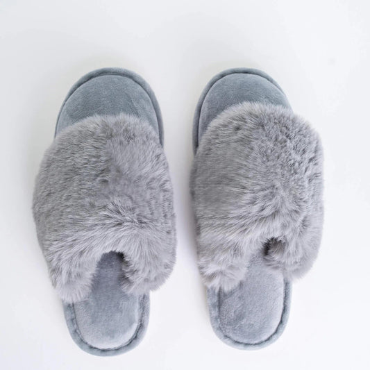 GREY FURRY MULE SLIPPERS
