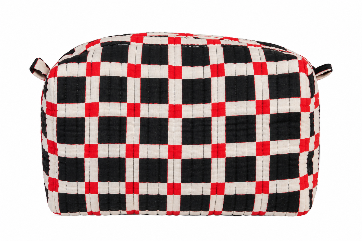 "THE SATURDAY SOCIAL" RED BLACK AND WHITE MEDIUM MAKEUP ZIP BAG