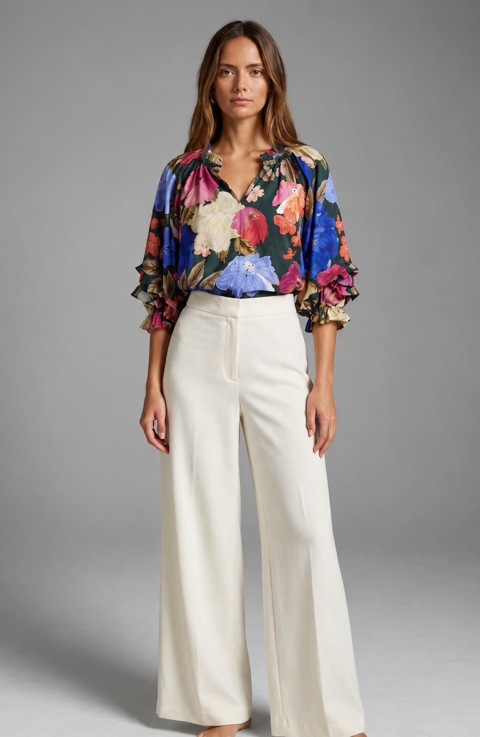 NIGHT BLOSSOM RUFFLE SLEEVE BLOUSE