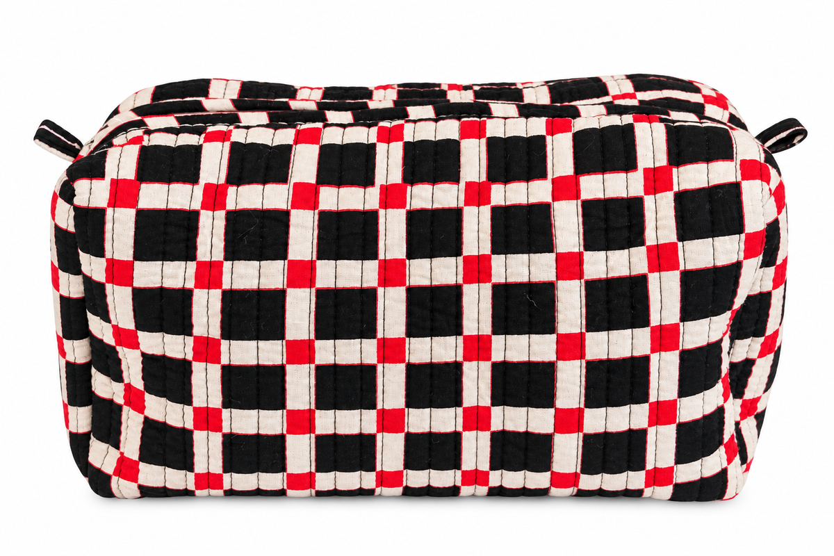 "THE SATURDAY SOCIAL" RED BLACK AND WHITE LARGE MAKEUP ZIP BAG