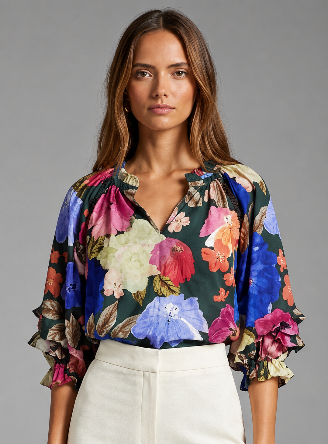 NIGHT BLOSSOM RUFFLE SLEEVE BLOUSE