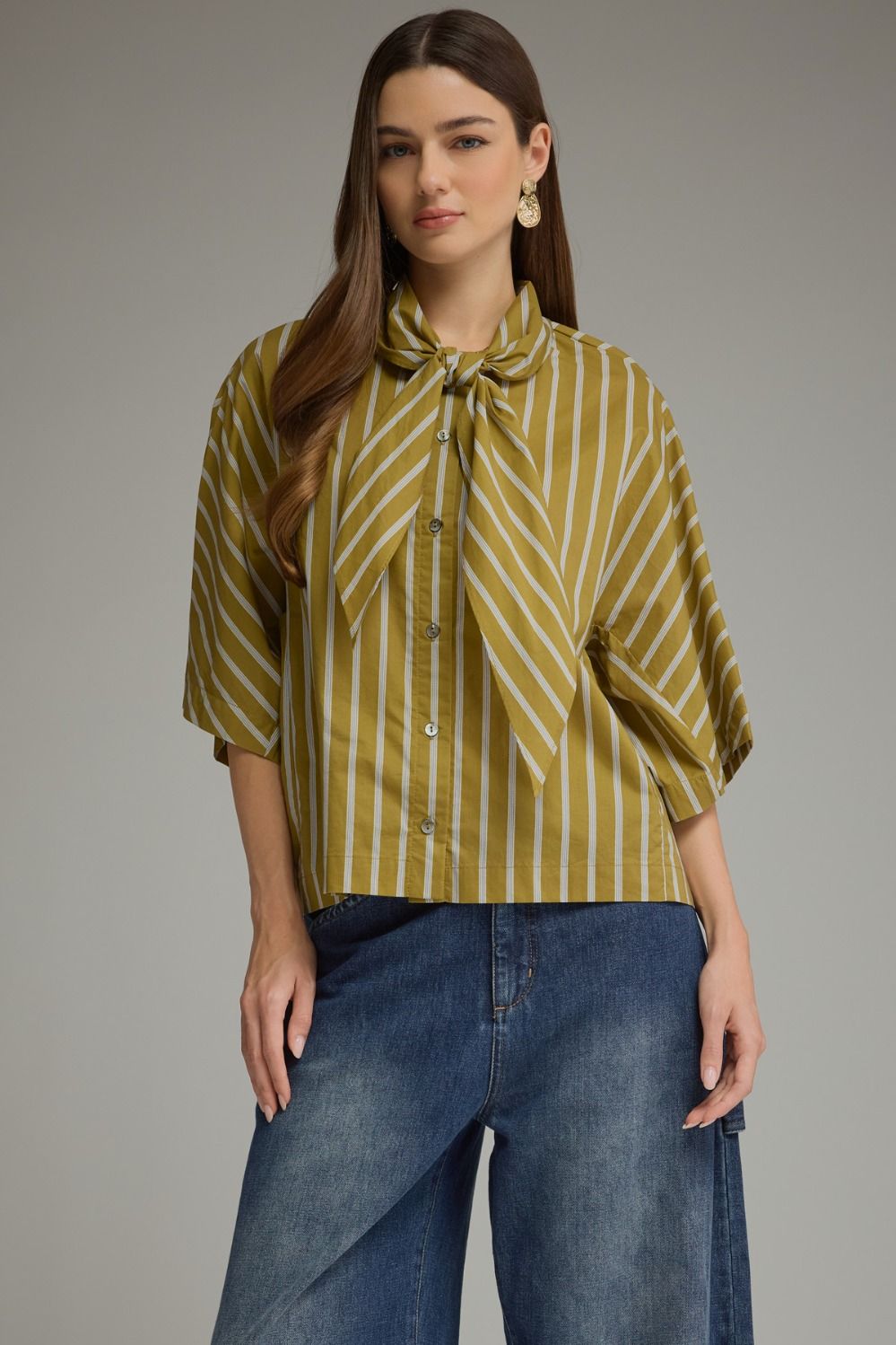 "THE OLIVE BRANCH" Tie-Neck Stripe Top