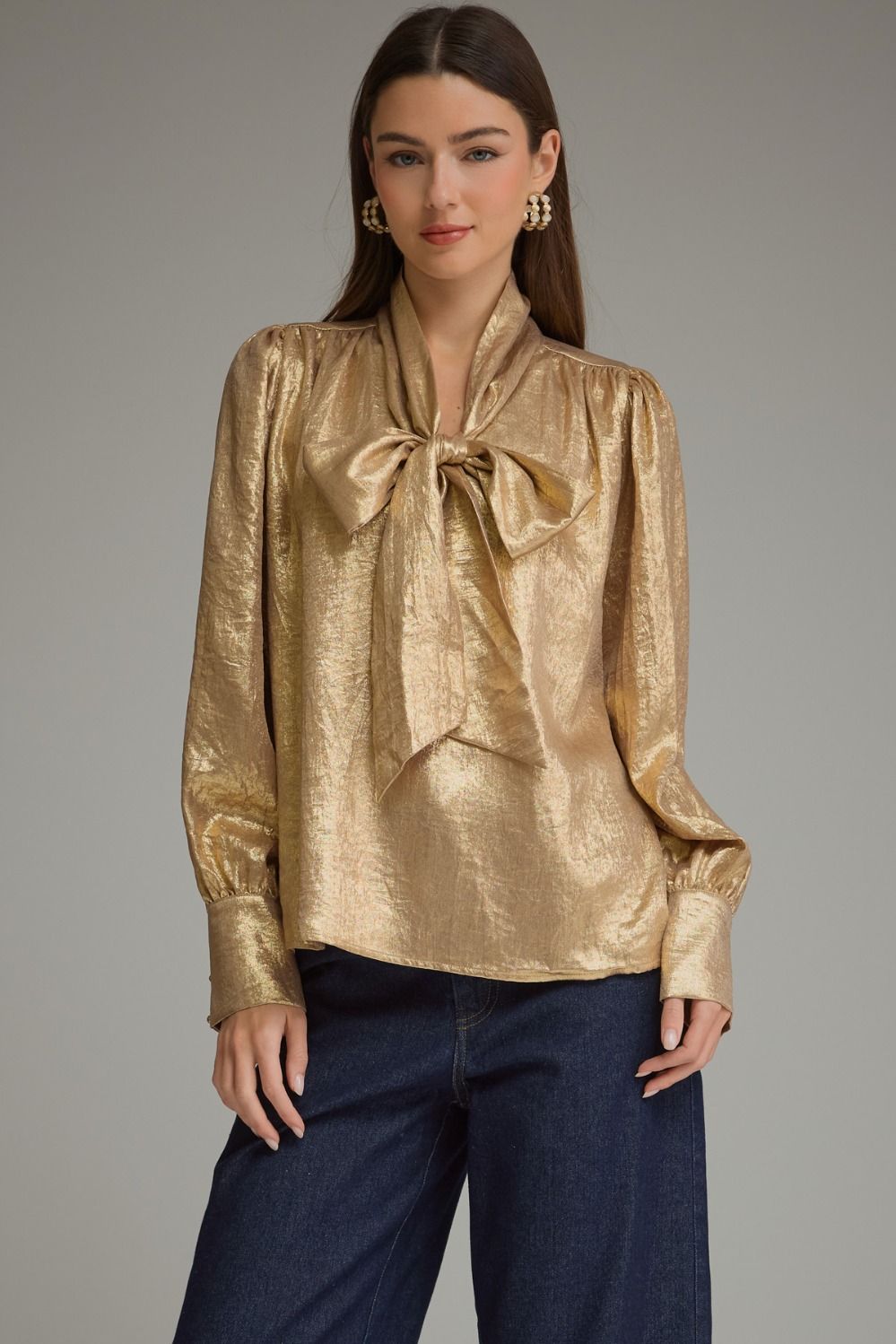 GILDED GRACE METALLIC NECK TIE BLOUSE
