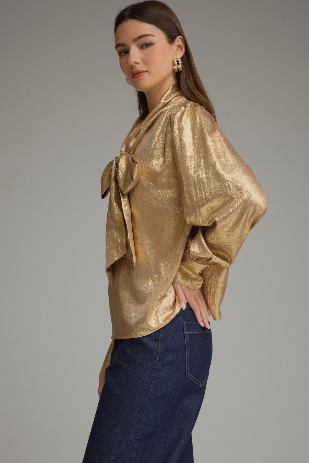 GILDED GRACE METALLIC NECK TIE BLOUSE