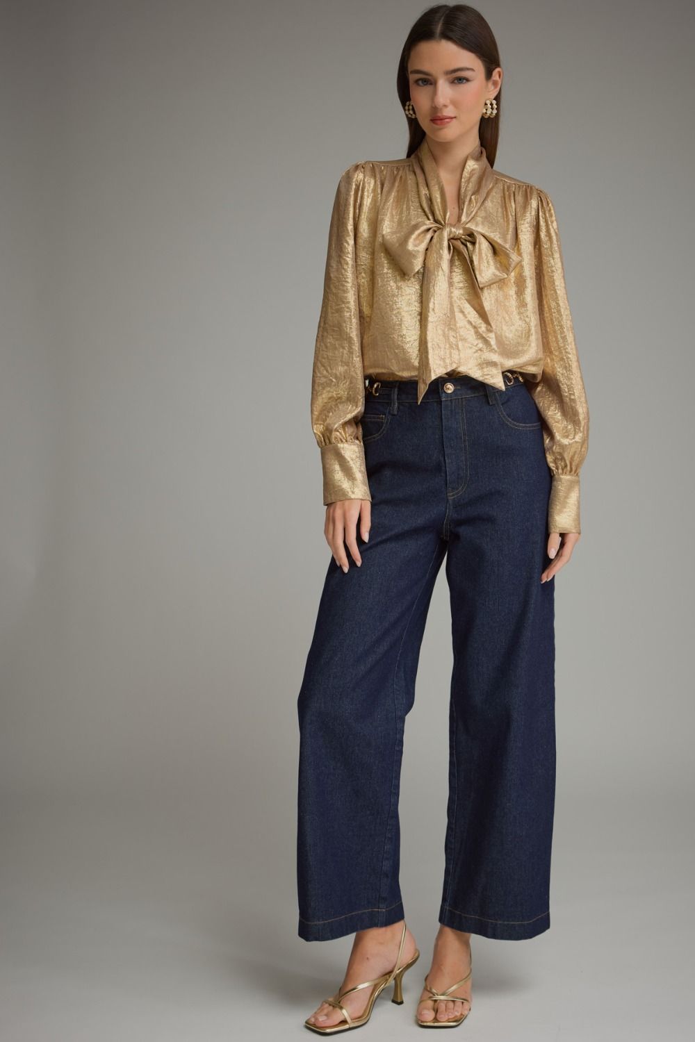 GILDED GRACE METALLIC NECK TIE BLOUSE
