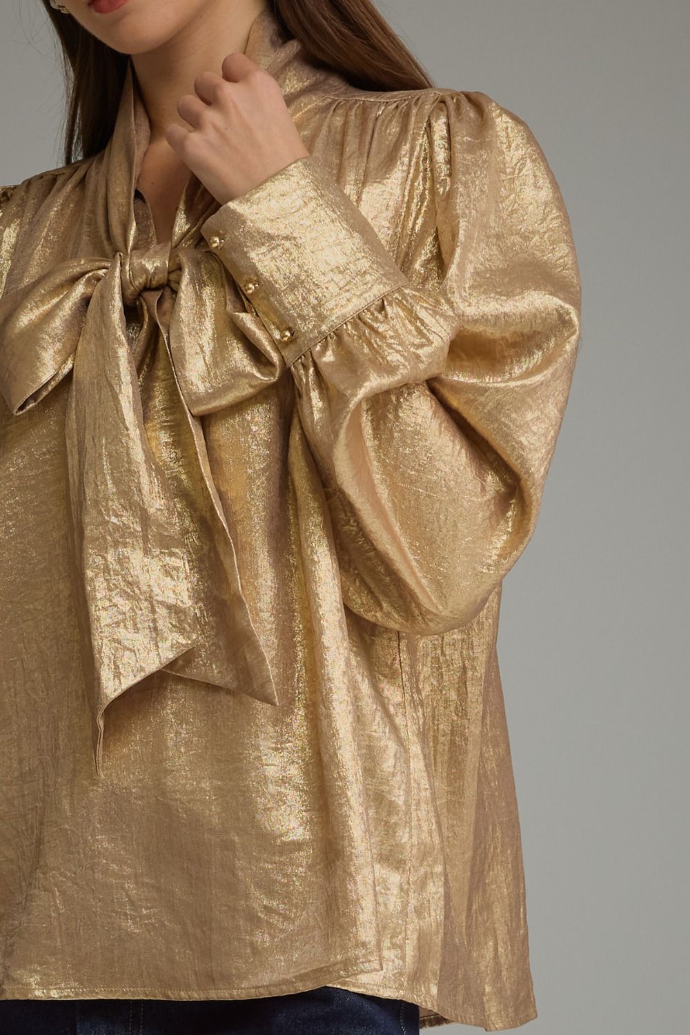 GILDED GRACE METALLIC NECK TIE BLOUSE